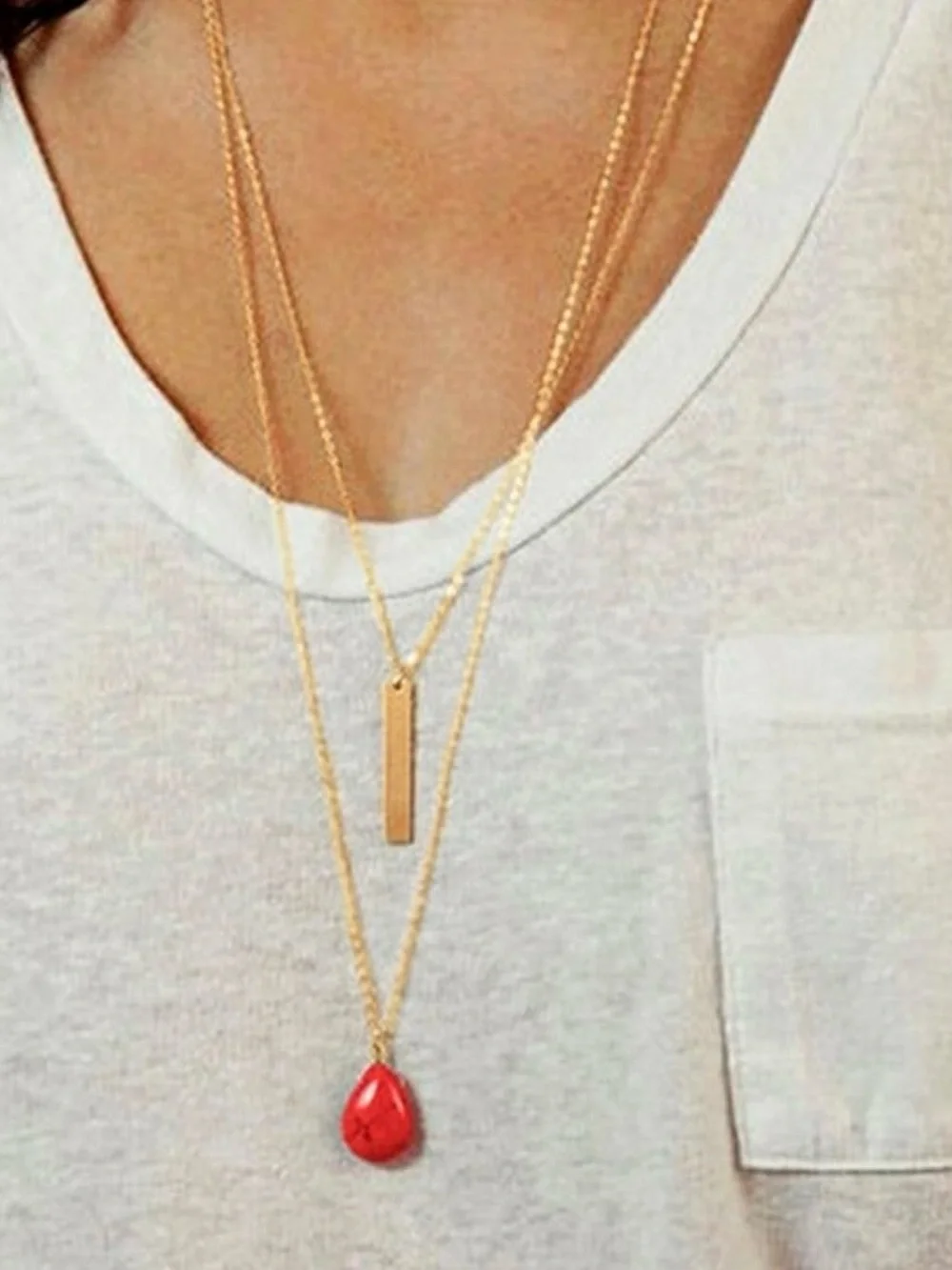 Layered Necklace with Red Teardrop Pendant - Women Jewelry